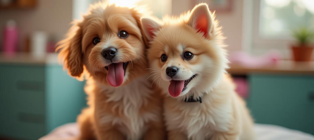 幸せそうな犬と猫がグルーミングされている様子